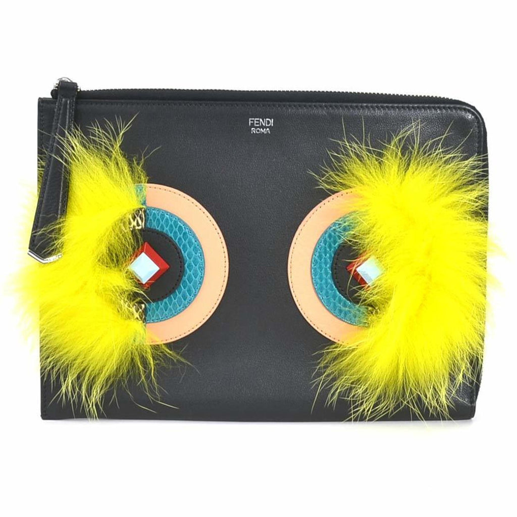 FENDI Clutch Bag Monster Leather/Fur Black/Multicolor Unisex e55994g