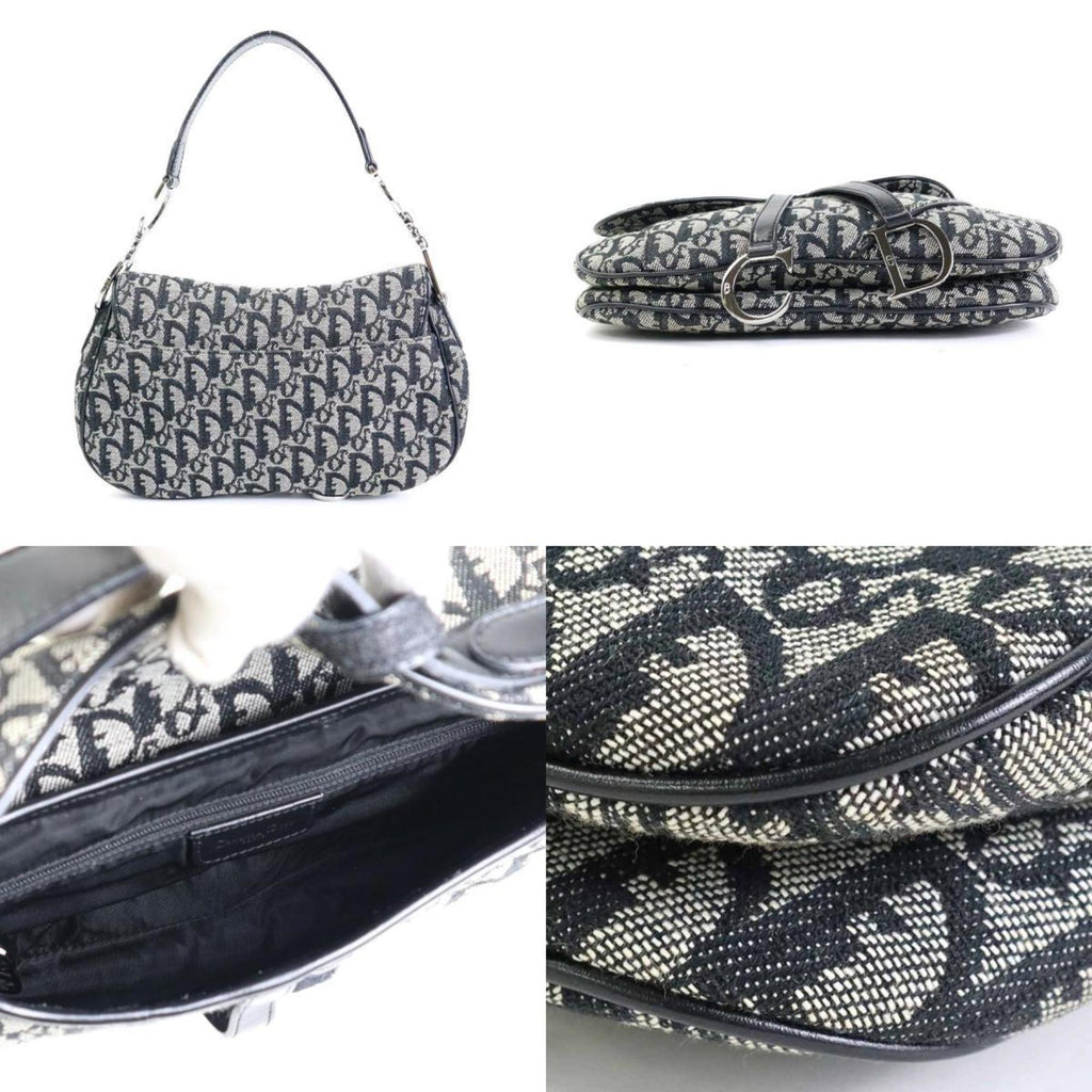 CHRISTIAN DIOR Shoulder Bag Trotter Double Saddle Canvas/Leather Gray/Black Silver Ladies