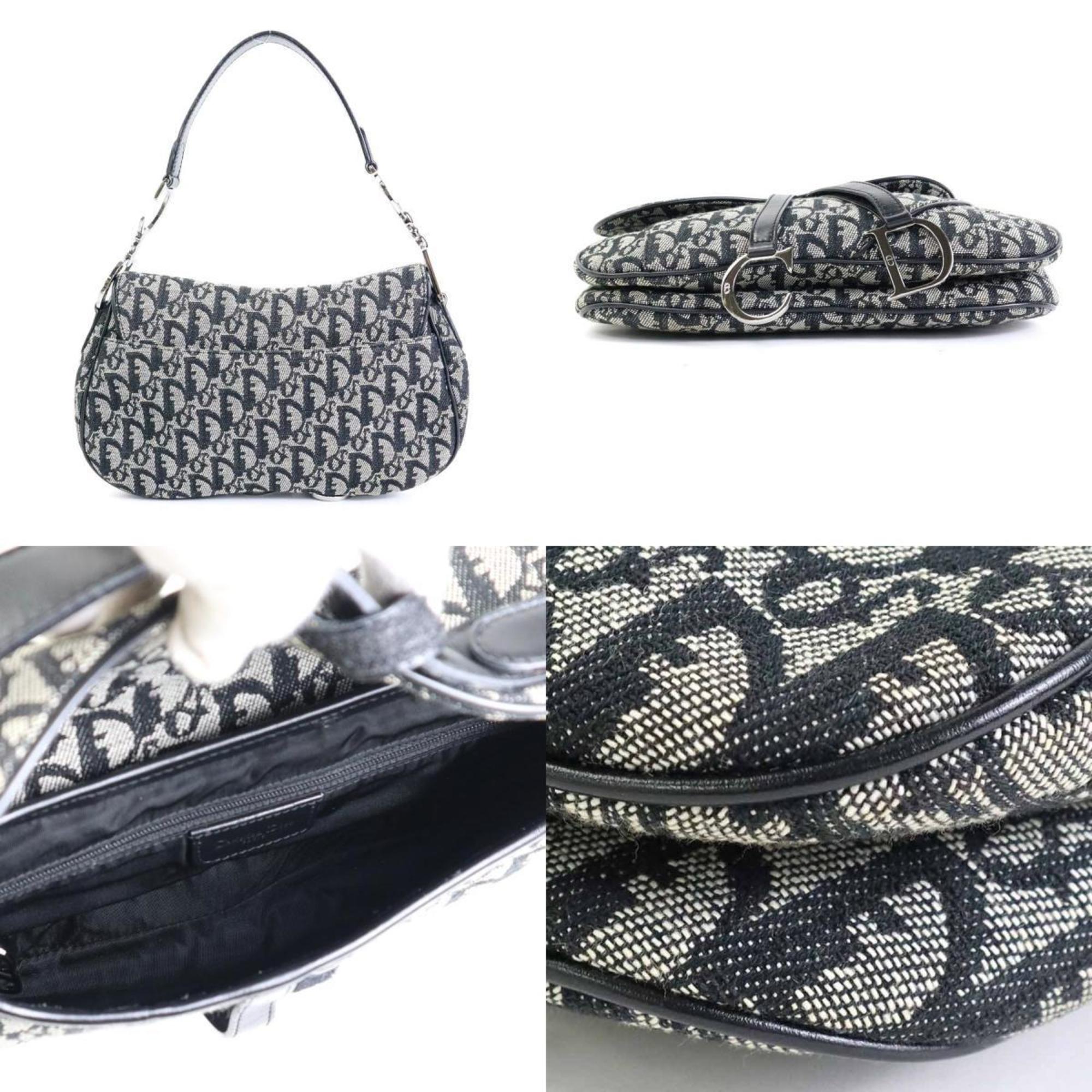 CHRISTIAN DIOR Shoulder Bag Trotter Double Saddle Canvas/Leather Gray/Black Silver Ladies