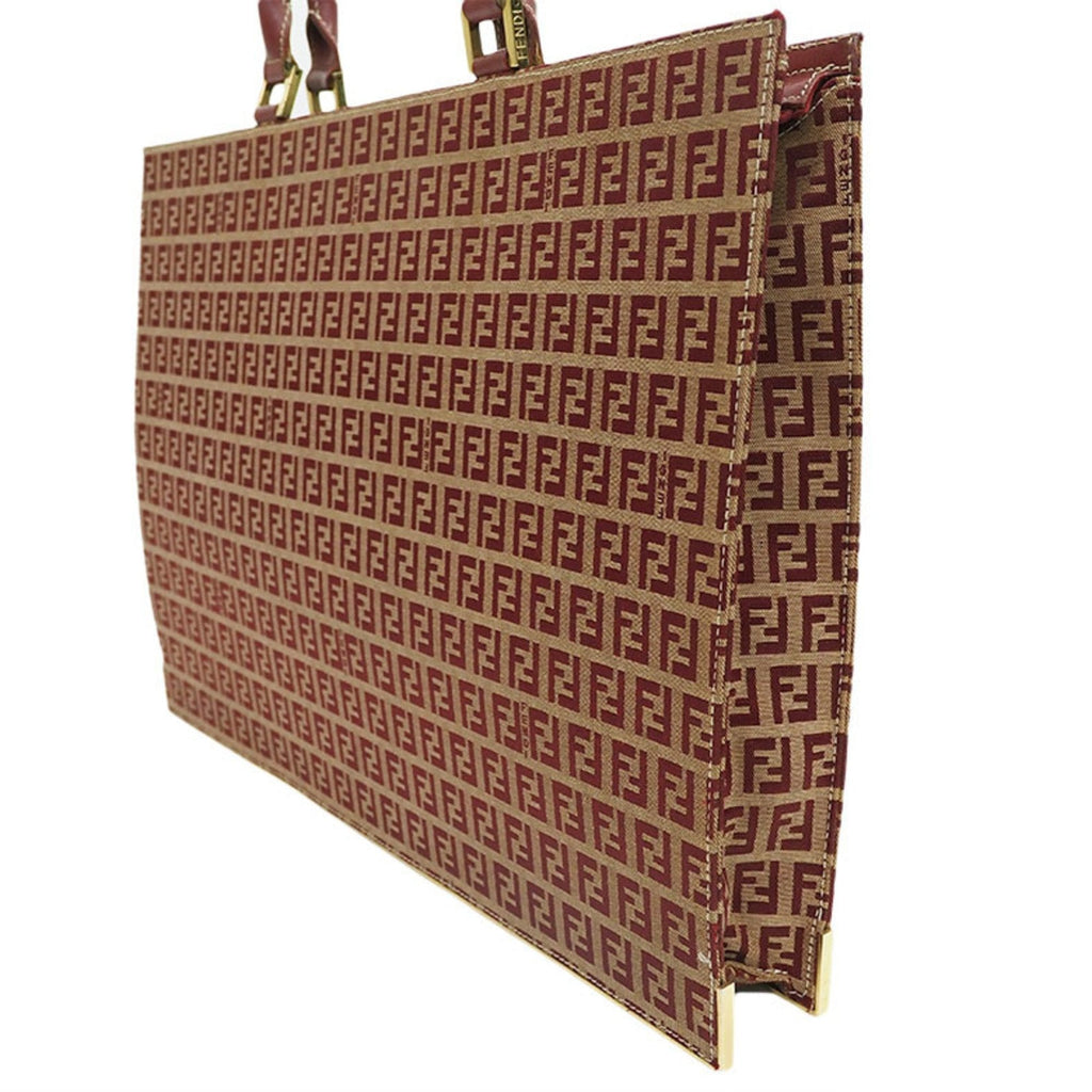 FENDI Zucca Tote Bag Red x Beige Canvas Leather Briefcase Women's