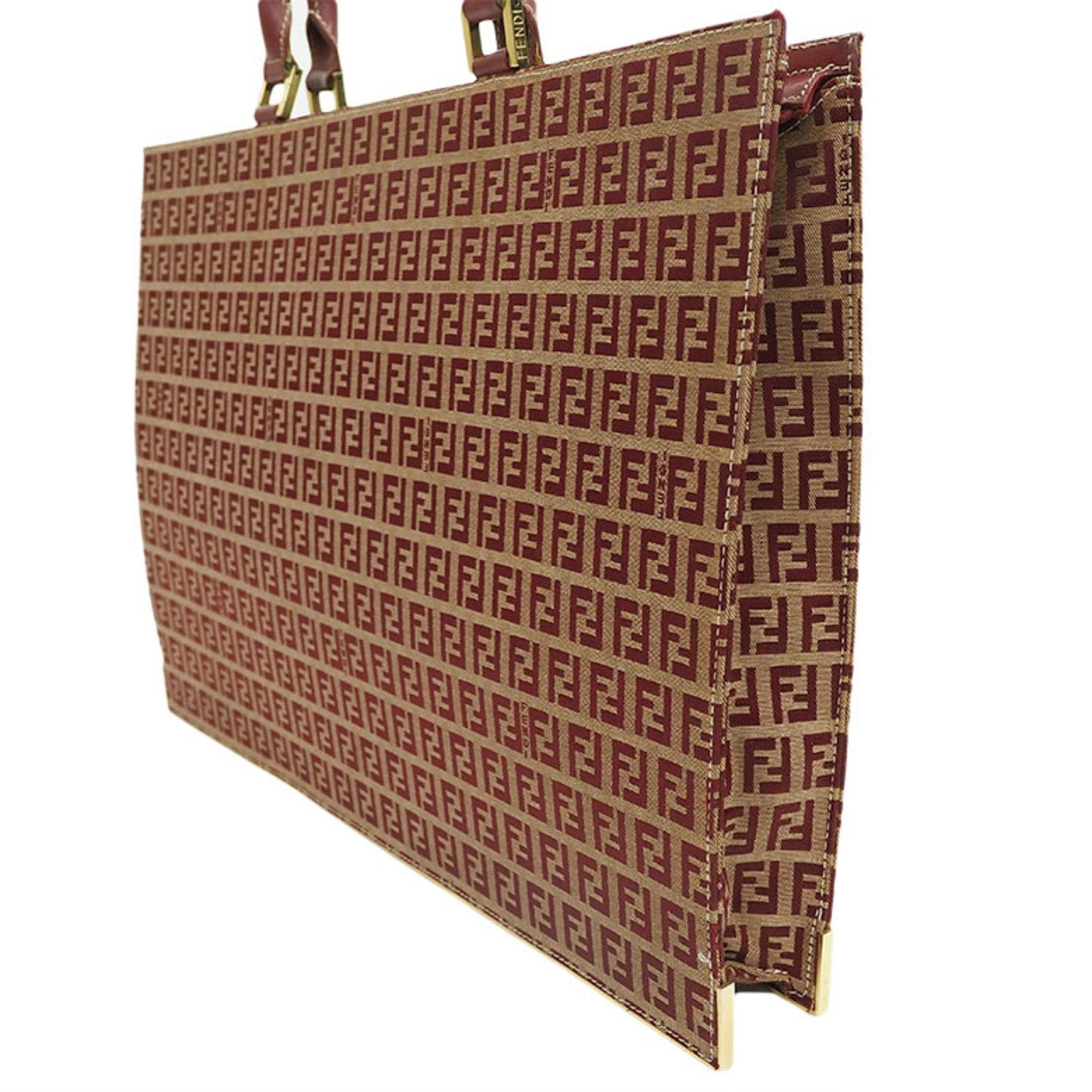 FENDI Zucca Tote Bag Red x Beige Canvas Leather Briefcase Women's