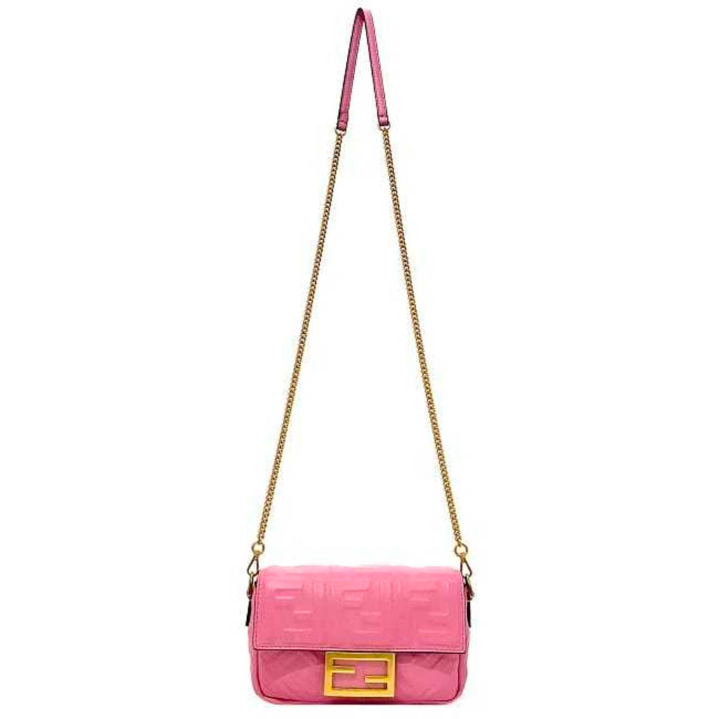 FENDI Baguette Small Pink Gold 8BS017 Leather GP  Shoulder Bag FF Embossed Ladies Chain
