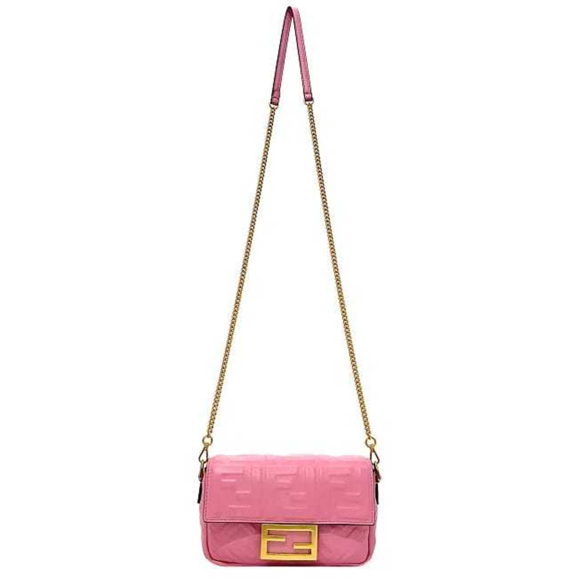 FENDI Baguette Small Pink Gold 8BS017 Leather GP  Shoulder Bag FF Embossed Ladies Chain
