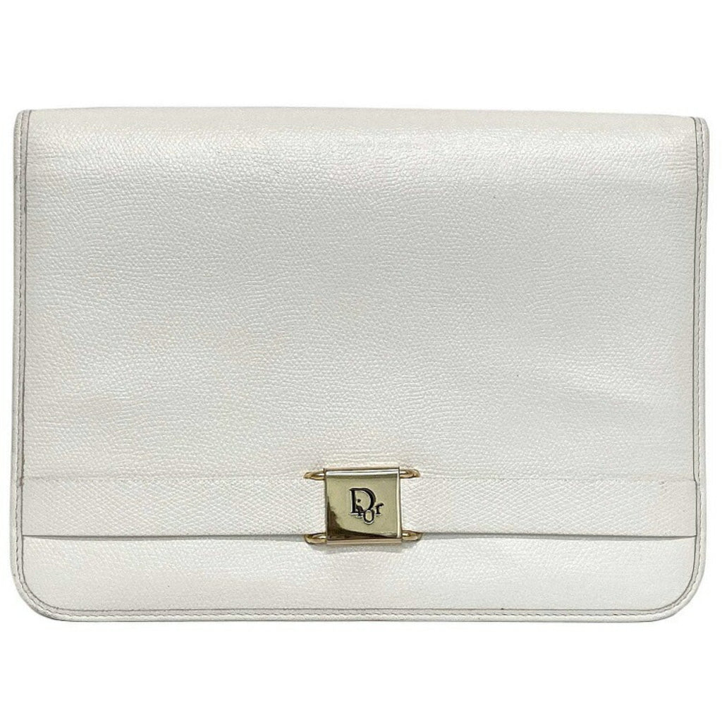 Christian Dior Clutch Bag White Gold Flap Leather Plate Ladies