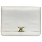 Christian Dior Clutch Bag White Gold Flap Leather Plate Ladies