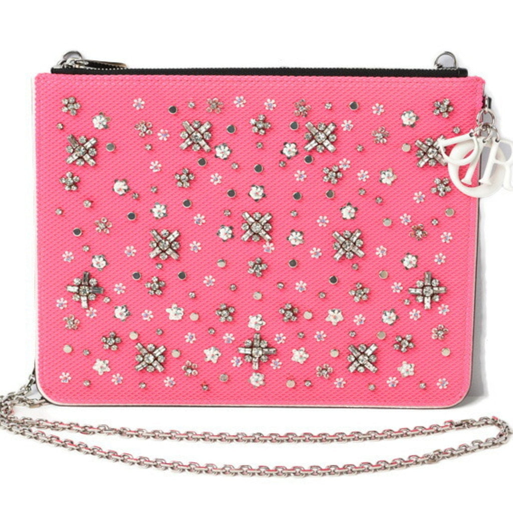 Christian Dior Chain Shoulder Bag Clutch Pouch Rhinestone Studs Pink Black