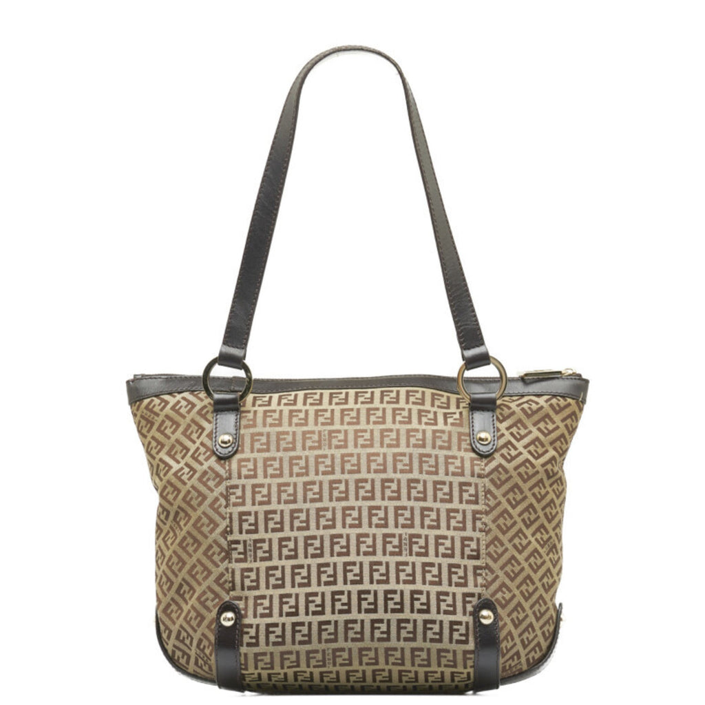 FENDI Zucchino Handbag Tote Bag 8BH196 Beige Brown Canvas Leather Women's