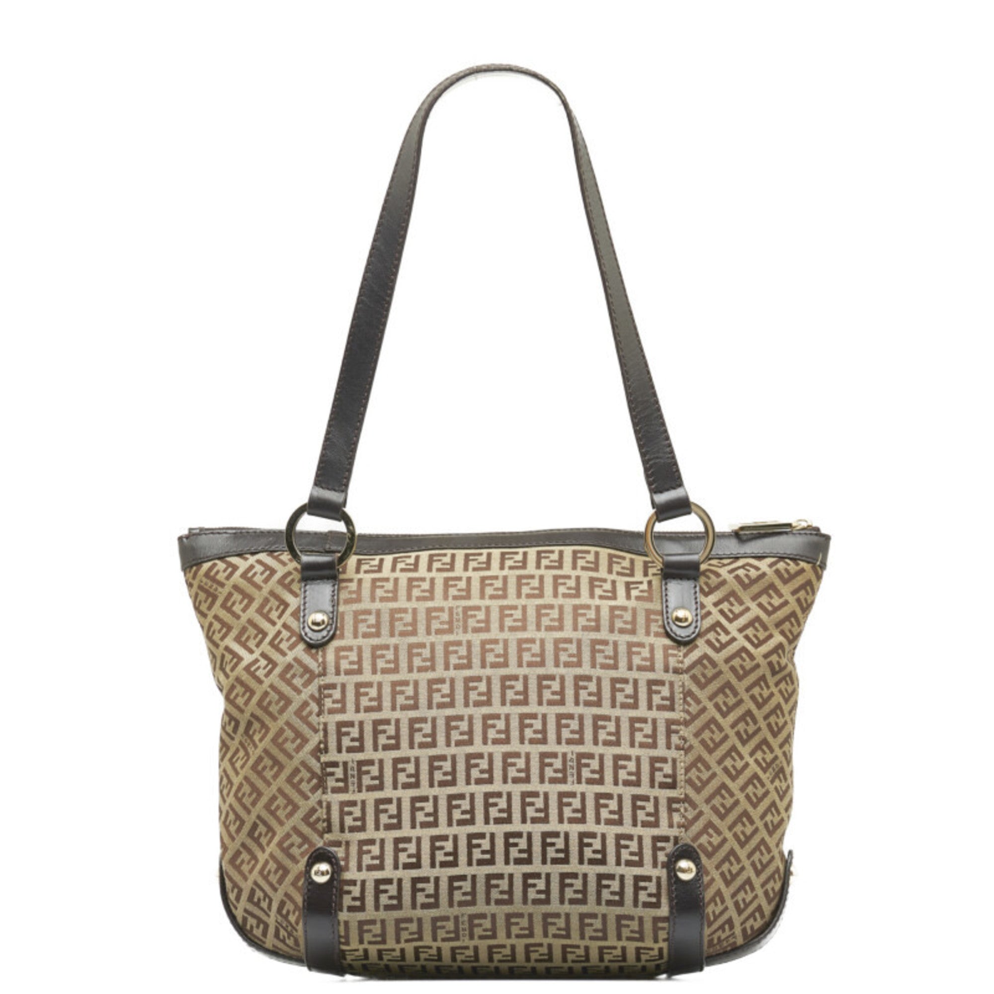 FENDI Zucchino Handbag Tote Bag 8BH196 Beige Brown Canvas Leather Women's