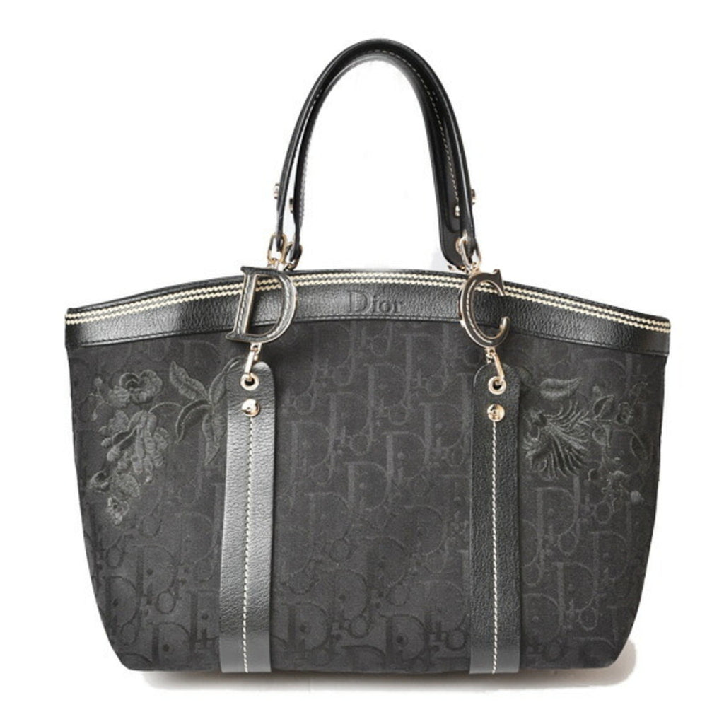 CHRISTIAN DIOR Tote Bag Embroidered Trotter Flower Embroidery Black