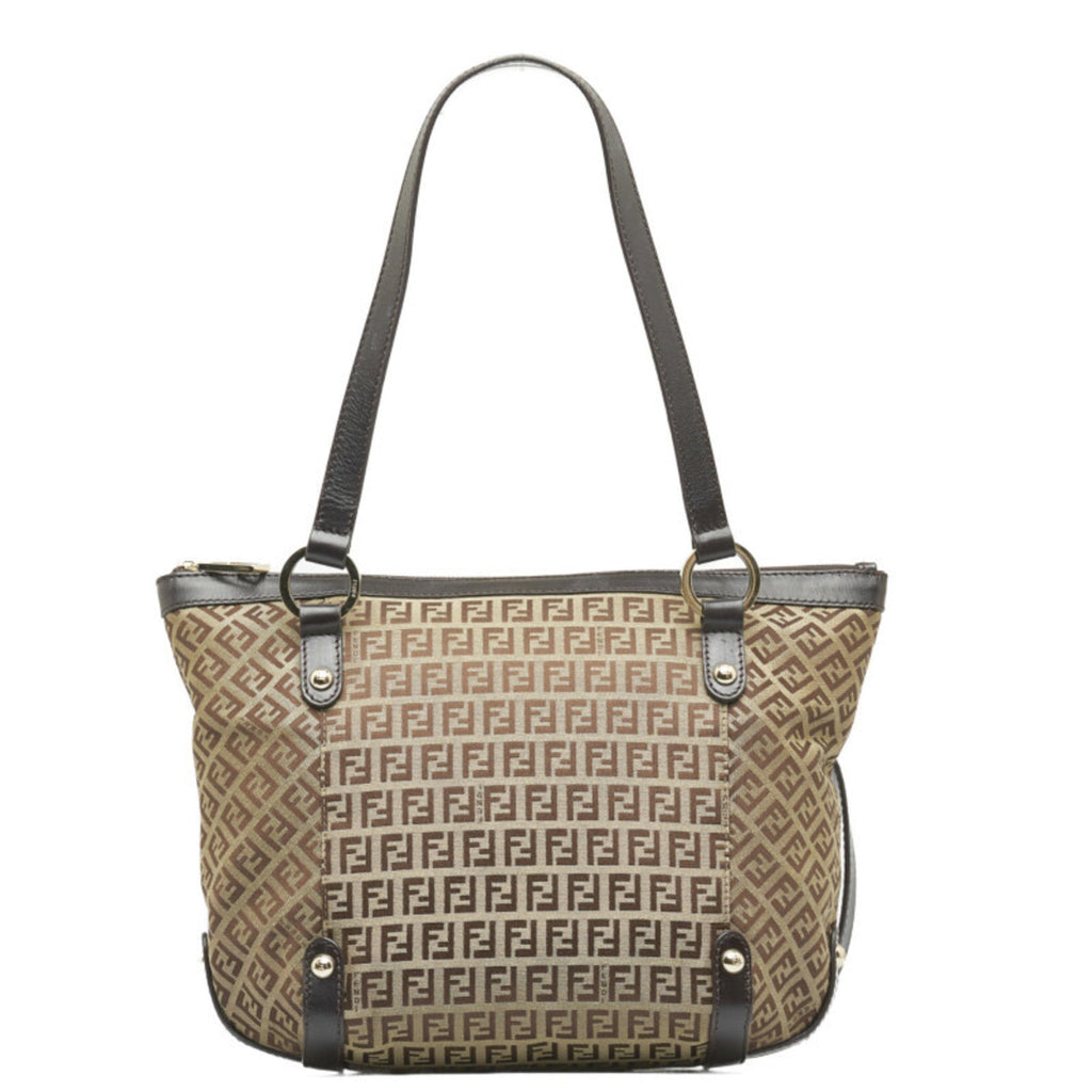 FENDI Zucchino Handbag Tote Bag 8BH196 Beige Brown Canvas Leather Women's