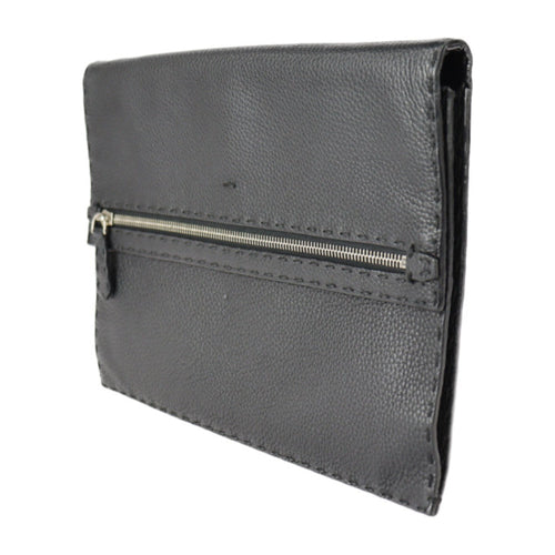 FENDI Selleria Clutch Bag 7VA376 Roman Leather Black Silver Hardware Wristlet Second Pouch