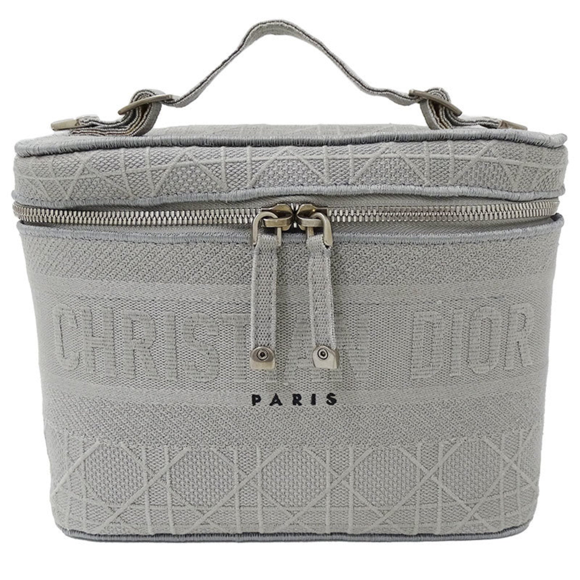 CHRISTIAN DIOR Bag Women's Canvas Vanity Handbag Gray Canage Embroidered Makeup Storage