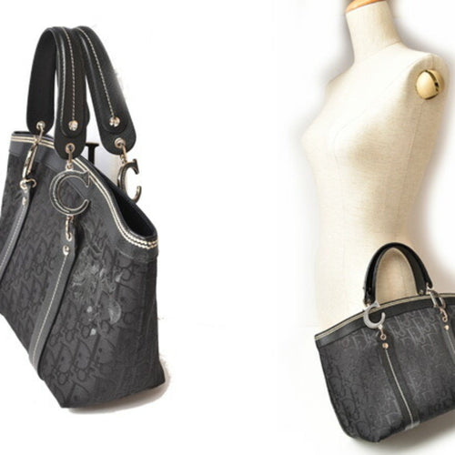 CHRISTIAN DIOR Tote Bag Embroidered Trotter Flower Embroidery Black