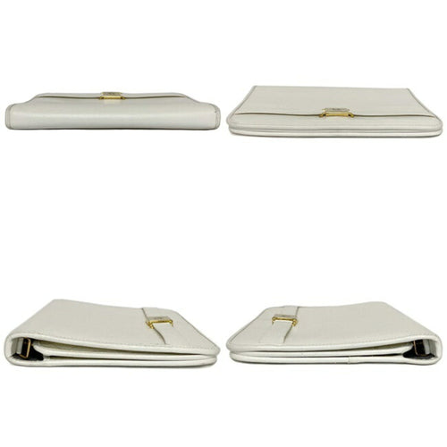 Christian Dior Clutch Bag White Gold Flap Leather Plate Ladies