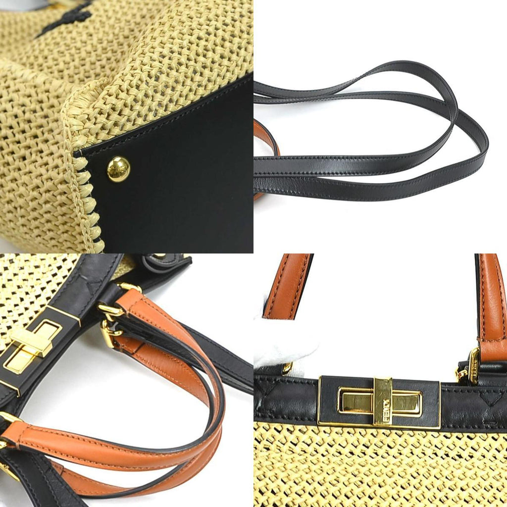FENDI Handbag Shoulder Bag Peekaboo X Tote Raffia/Leather Beige/Black Gold Ladies