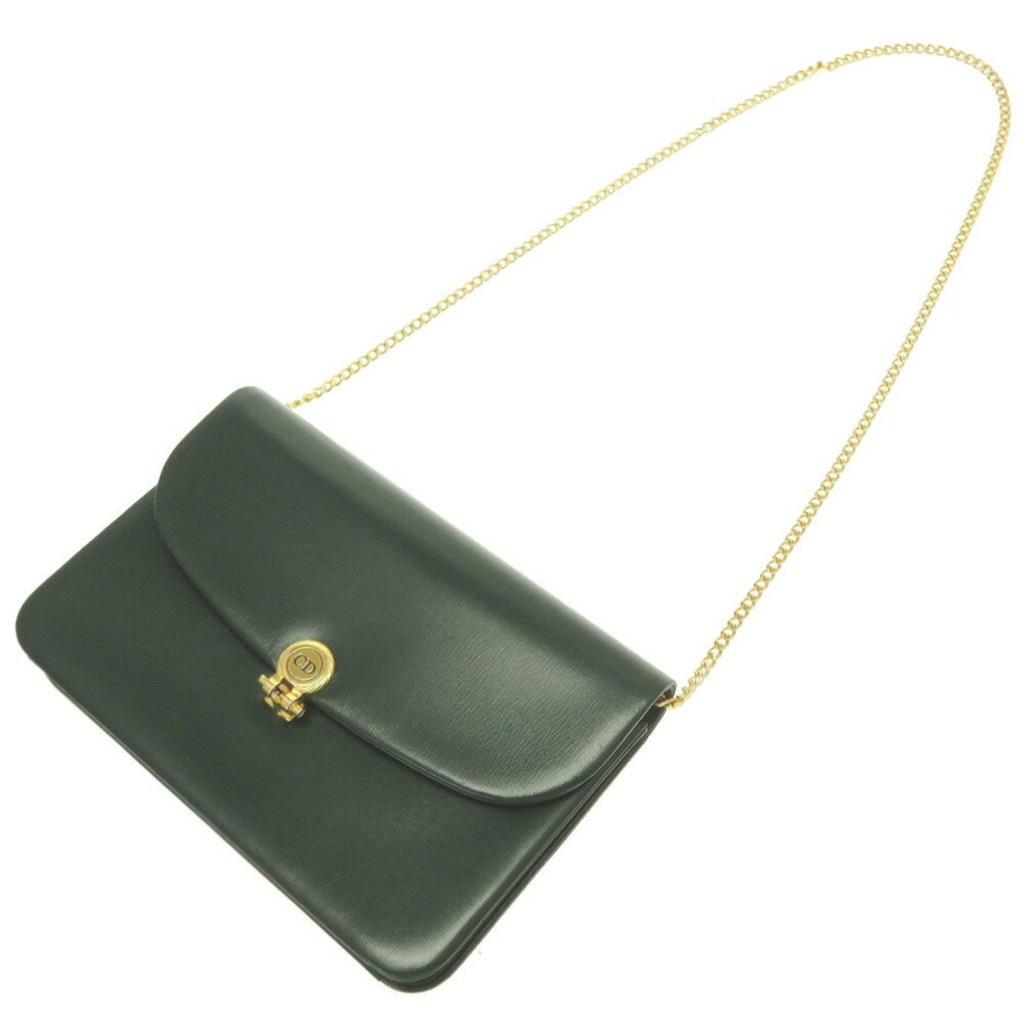 Christian Dior 2way chain CD metal fittings leather green shoulder bag clutch