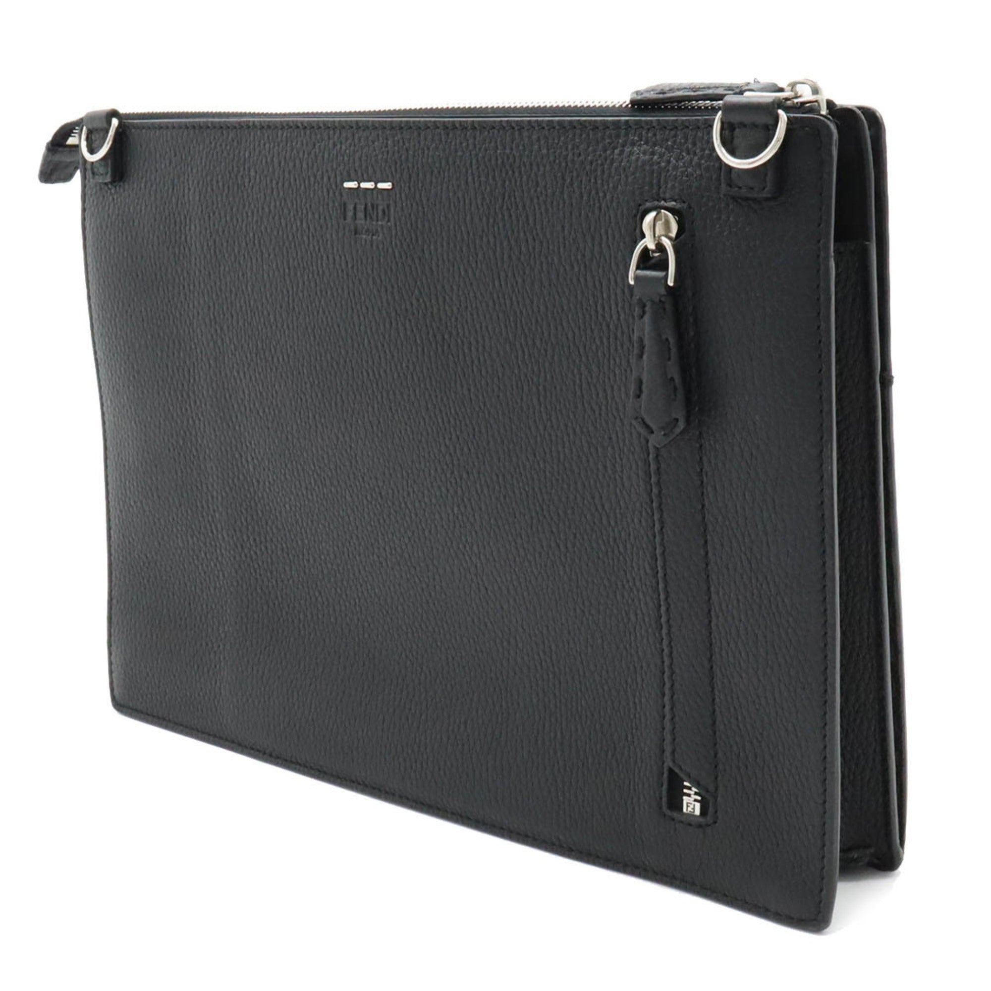 FENDI Selleria Stitch FF Clutch Bag Second Handbag Leather Black 7V99