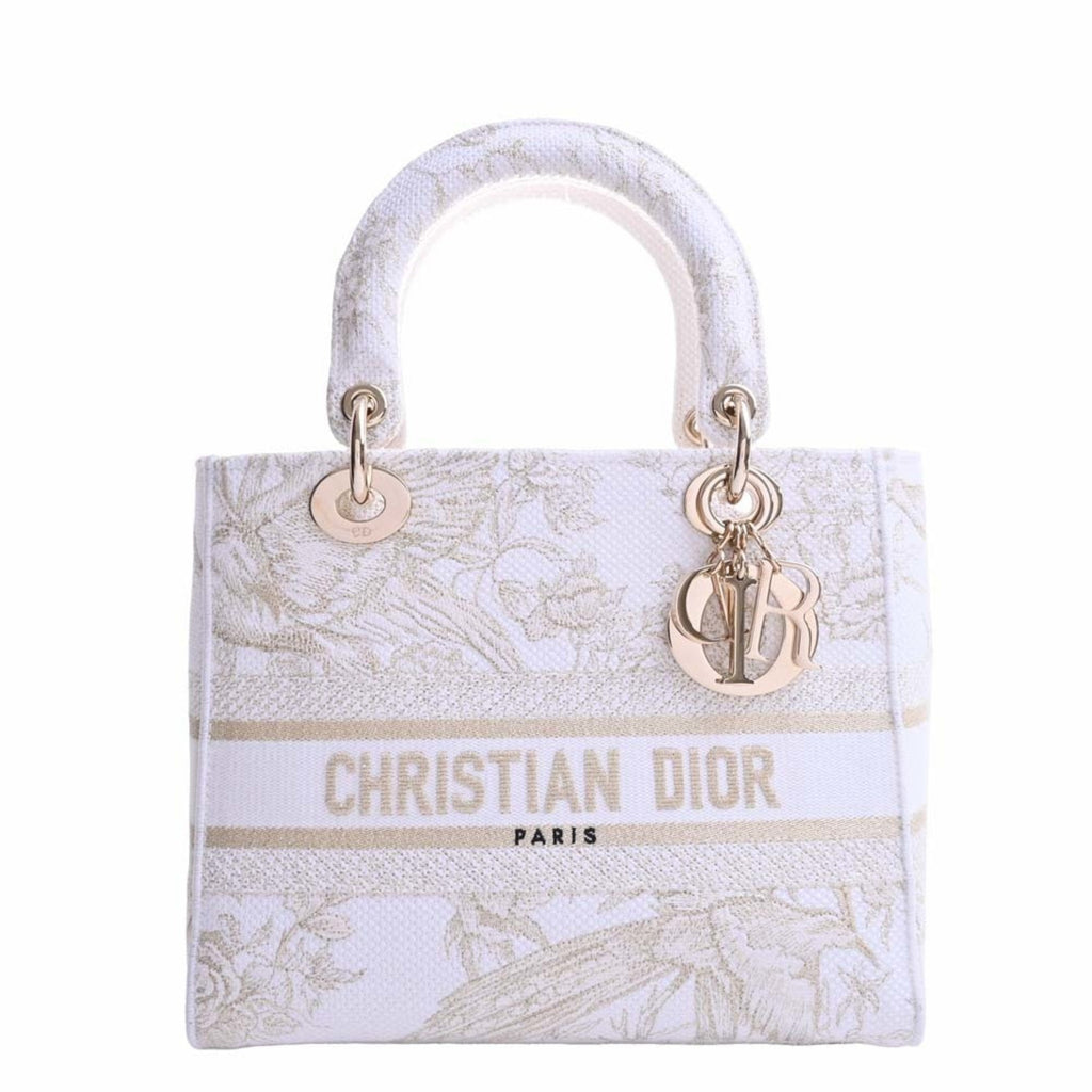 CHRISTIAN DIOR Canvas Lady Delight Embroidered Medium Handbag White Ladies