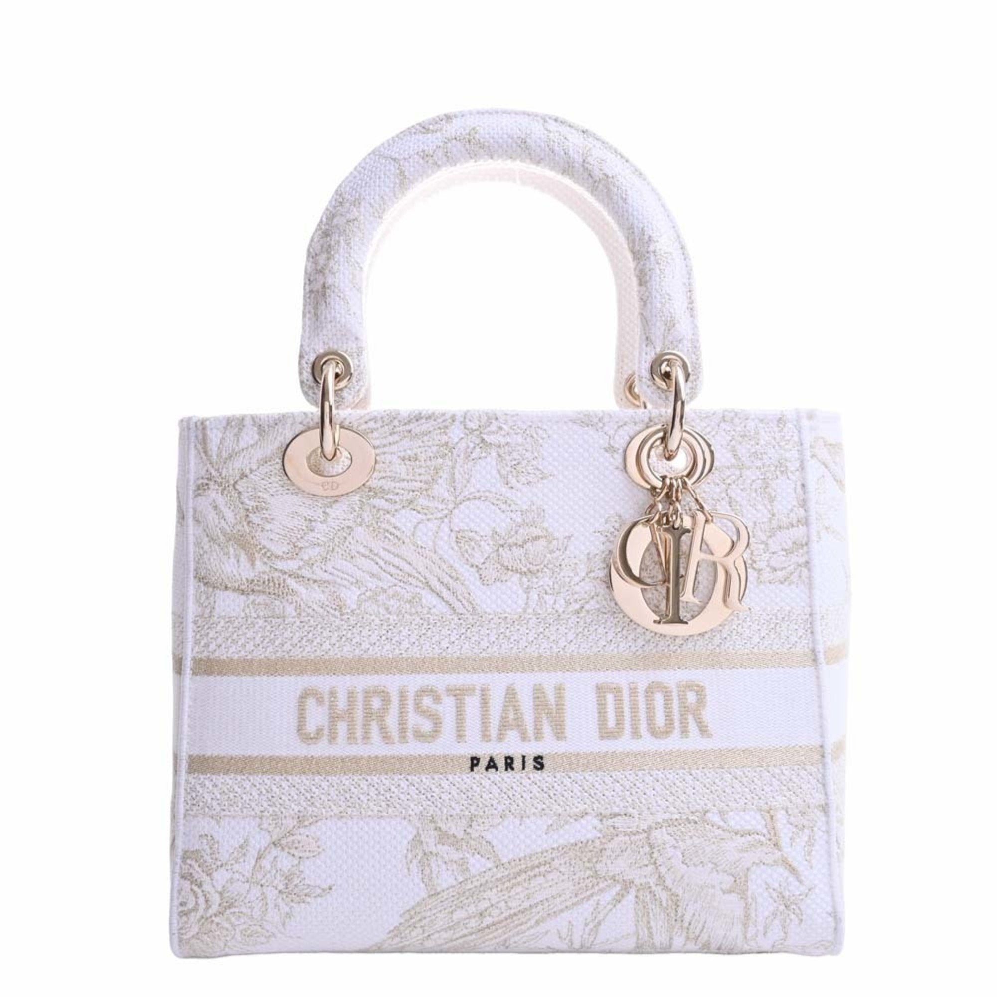 CHRISTIAN DIOR Canvas Lady Delight Embroidered Medium Handbag White Ladies