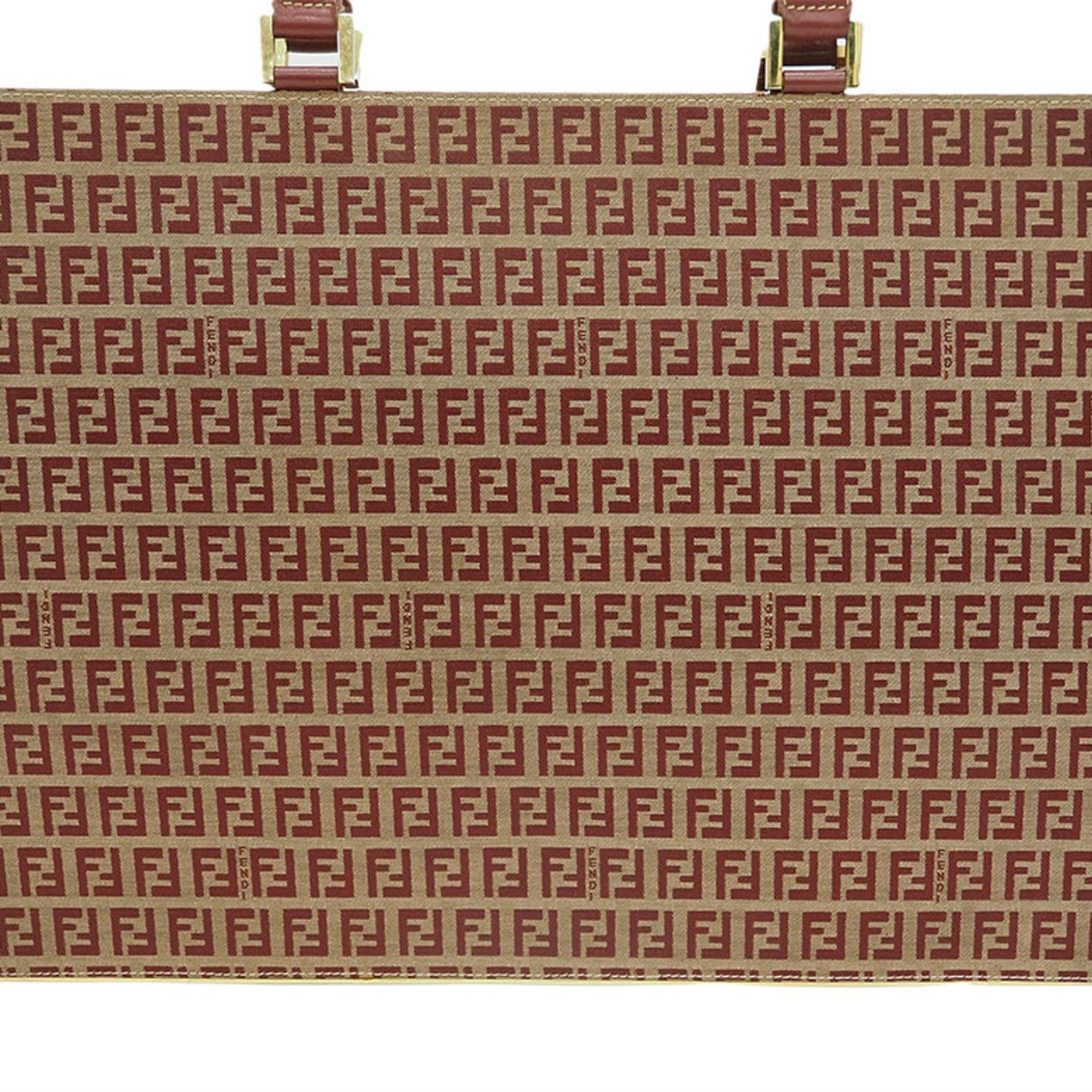 FENDI Zucca Tote Bag Red x Beige Canvas Leather Briefcase Women's