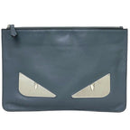 Fendi Clutch Bag Gray Silver Mon 7N0078 Plate Pouch Second Leather FENDI Women's Men's Dual
