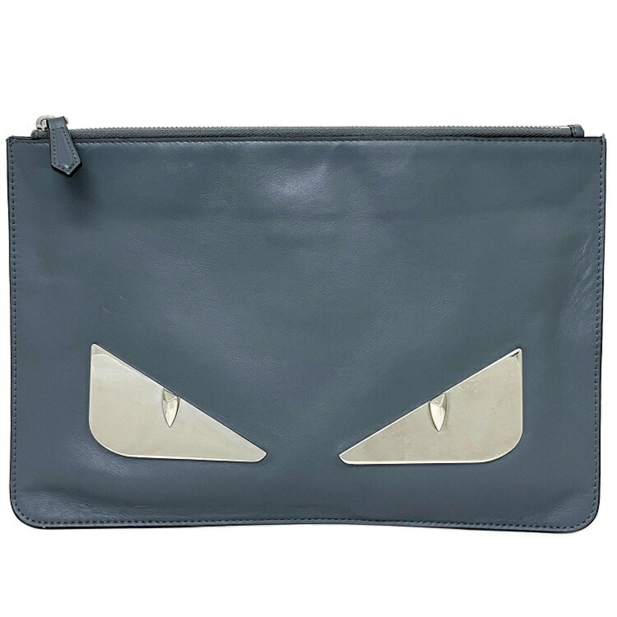 Fendi Clutch Bag Gray Silver Mon 7N0078 Plate Pouch Second Leather FENDI Women's Men's Dual
