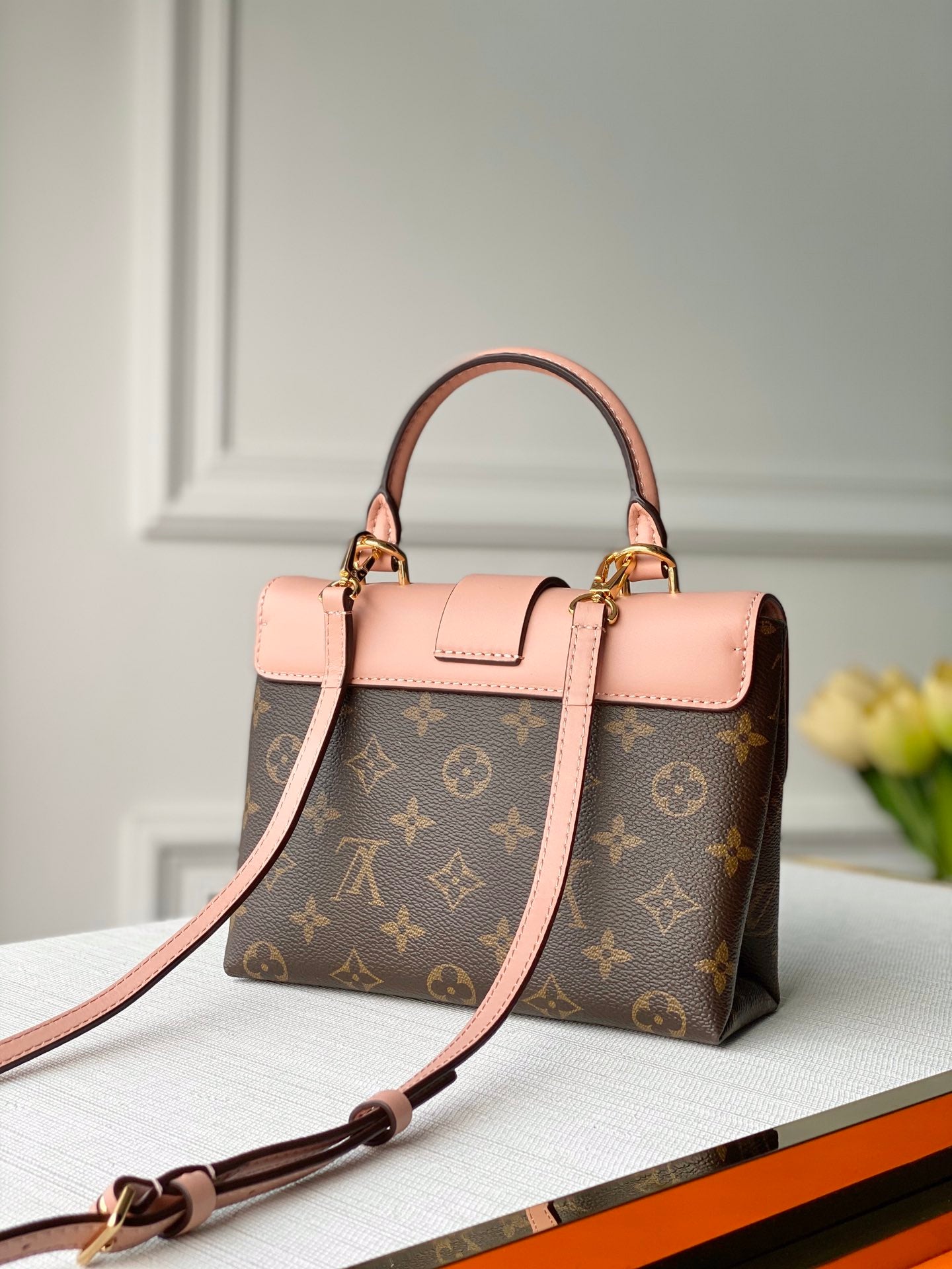 Louis Vuitton LOCKY BB 21 IN BROWN MONOGRAM CANVAS AND PEACH CALFSKIN GOLD BUCKLE