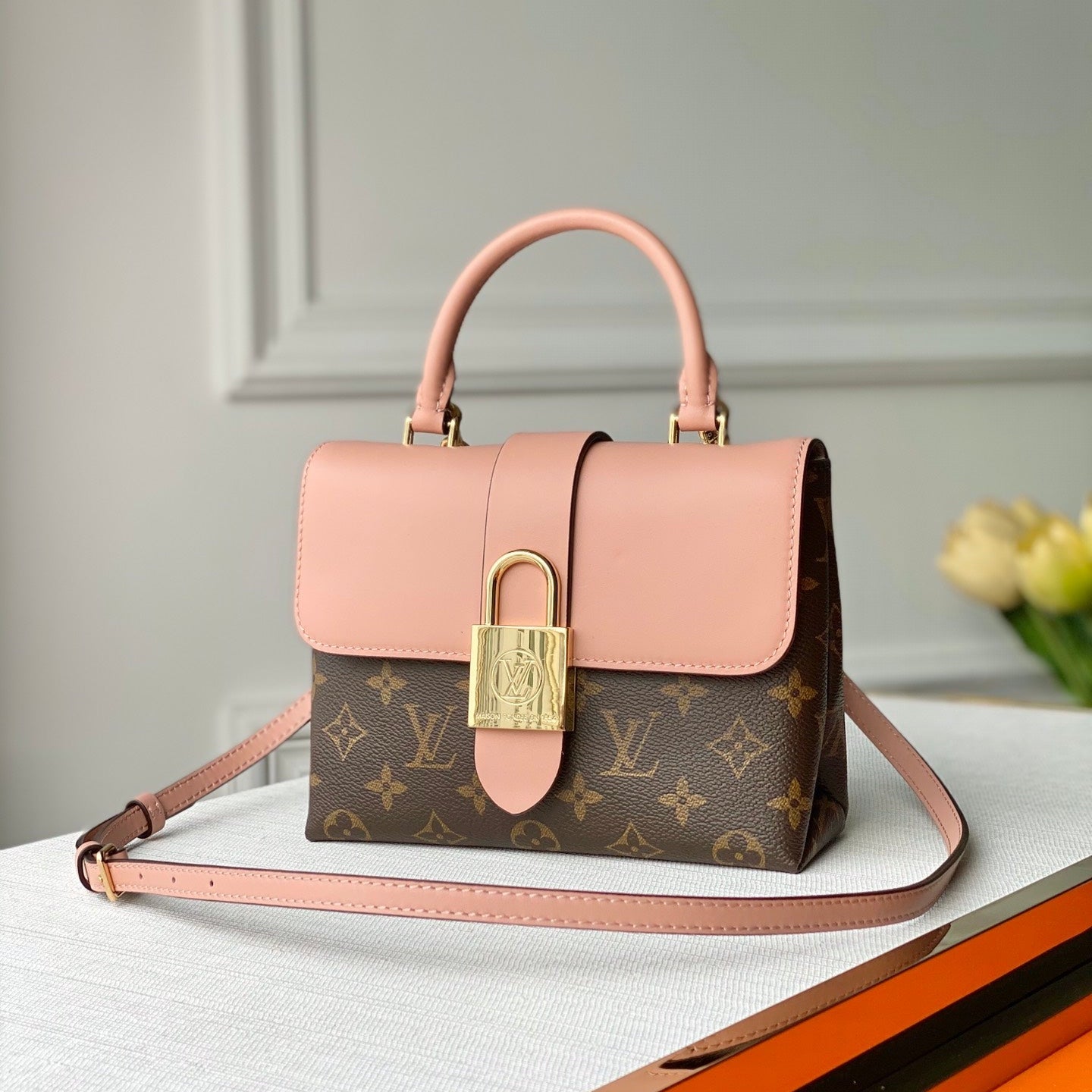 Louis Vuitton LOCKY BB 21 IN BROWN MONOGRAM CANVAS AND PEACH CALFSKIN GOLD BUCKLE