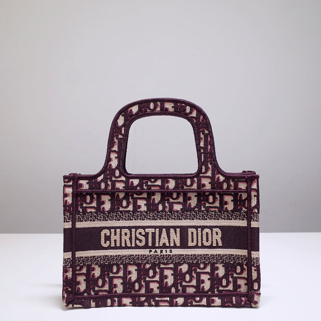 DIOR mini book tote 23cm burgundy beige embroidery canvas