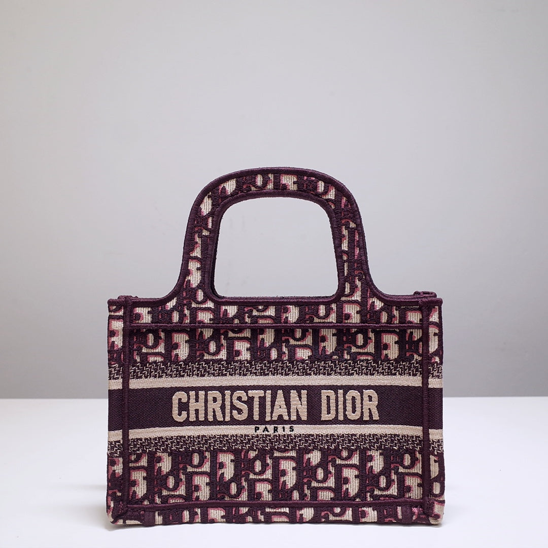 DIOR mini book tote 23cm burgundy beige embroidery canvas