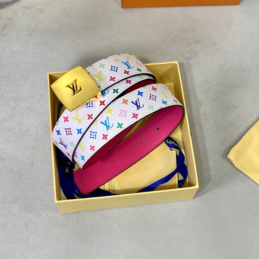 Louis Vuitton 35 MM BELT MULTICOLOR WHITE MIX LIGHT PINK MONOGRAM CALFSKIN GOLD HARDWARE