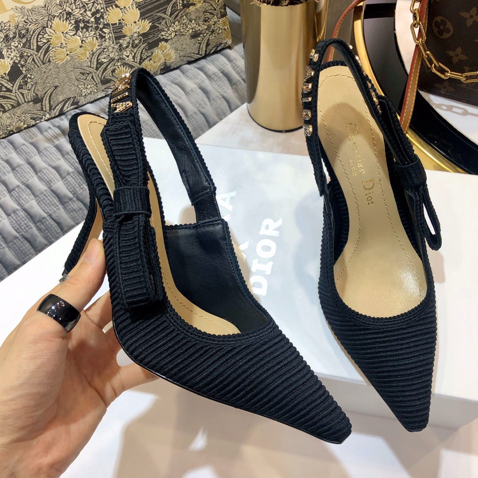 DIOR JA DIOR slingback pumps 95 all black embroidered cotton