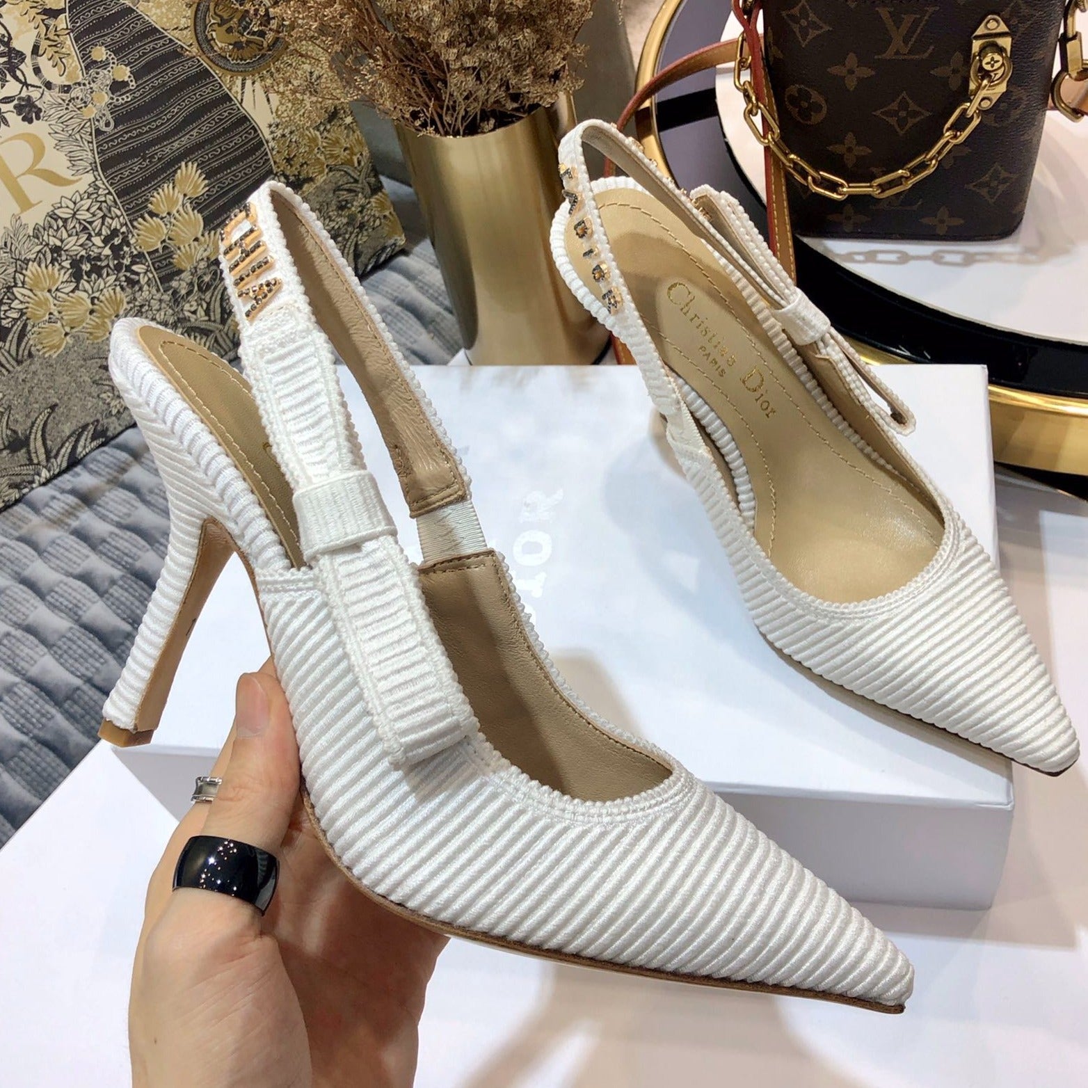 DIOR JA DIOR slingback pumps 95 all white embroidered cotton