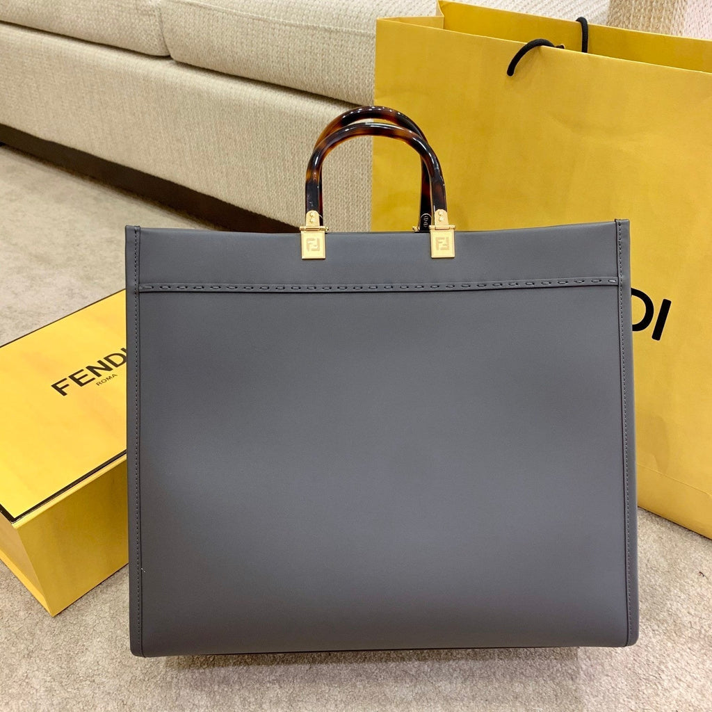 FENDI SHINE 40 TOTE BAG IN STONE GREEN EMBOSSED CALFSKIN
