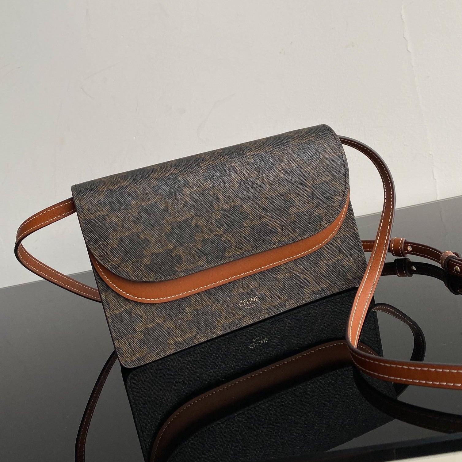 Celine TRIPHOME 20 DOUBLE LAYER MONOGRAM BLACK PATTERN CALFSKIN BAG