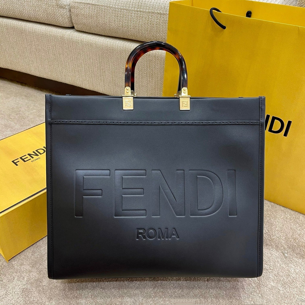 FENDI SHINE 40 TOTE BAG IN BLACK EMBOSSED CALFSKIN