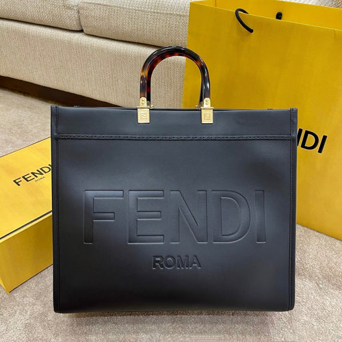 FENDI SHINE 40 TOTE BAG IN BLACK EMBOSSED CALFSKIN