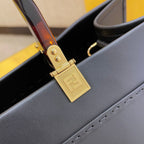 FENDI SHINE 40 TOTE BAG IN BLACK EMBOSSED CALFSKIN