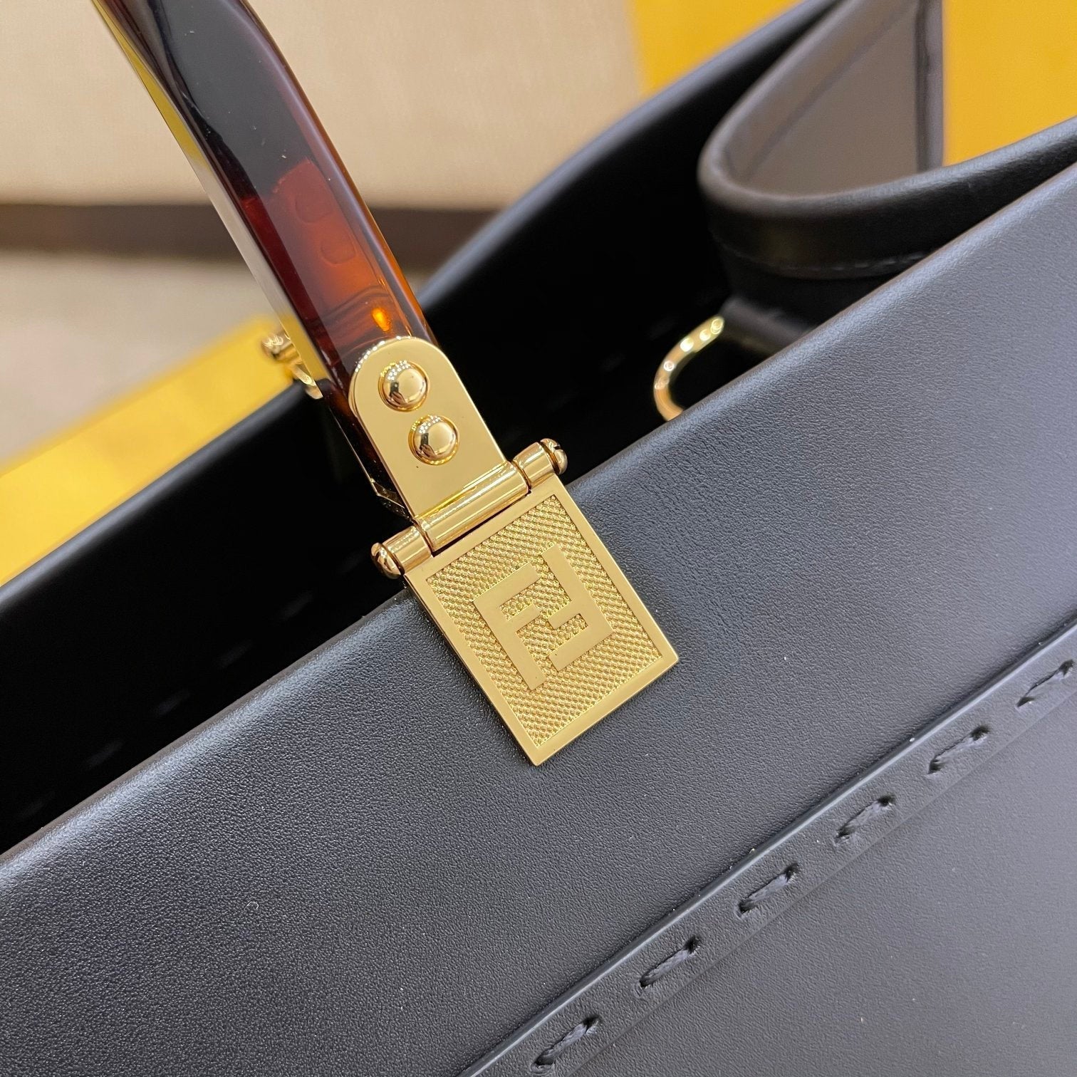 FENDI SHINE 40 TOTE BAG IN BLACK EMBOSSED CALFSKIN