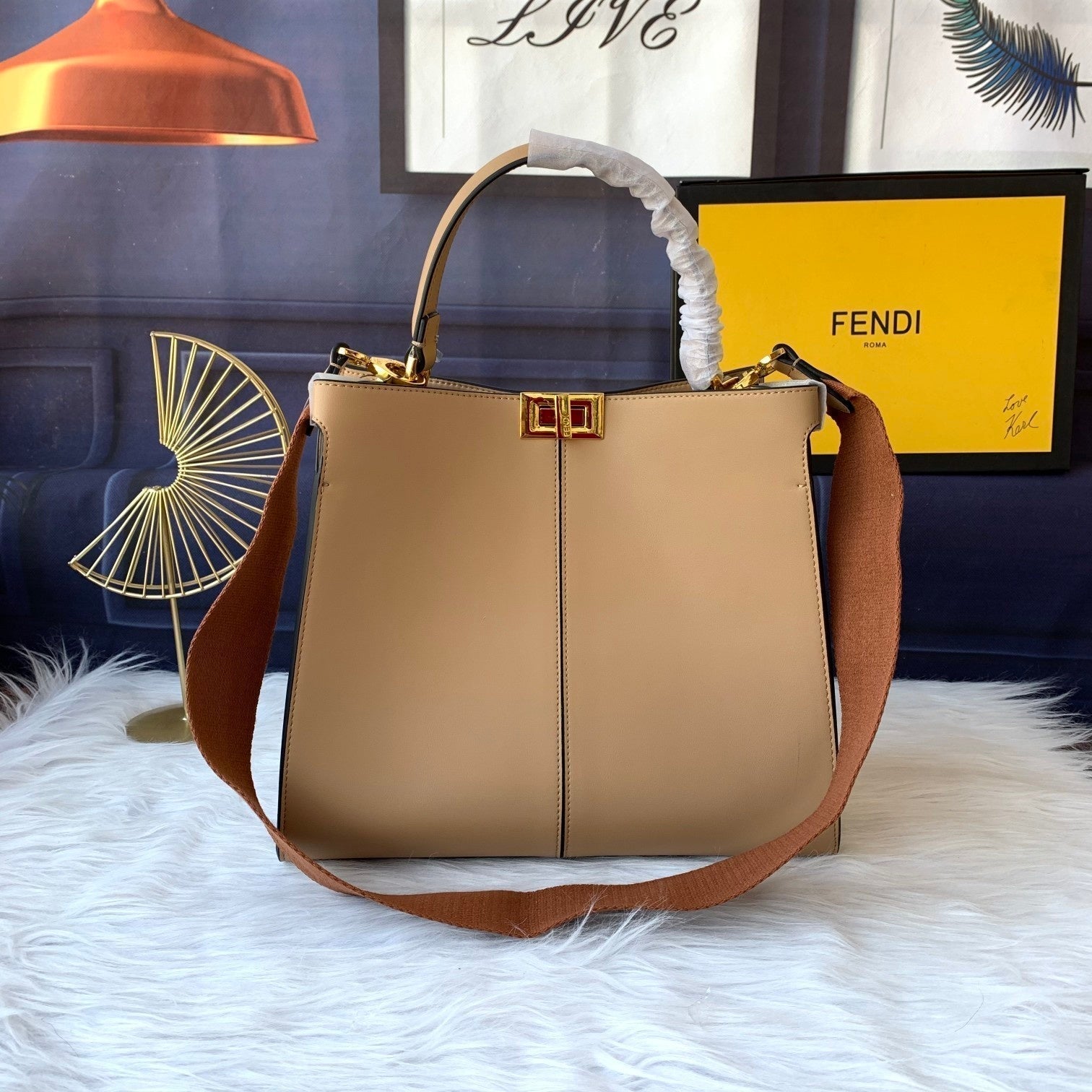 FENDI Peekaboo X-lite medium 30cm Bag light brown lambskin gold hardware