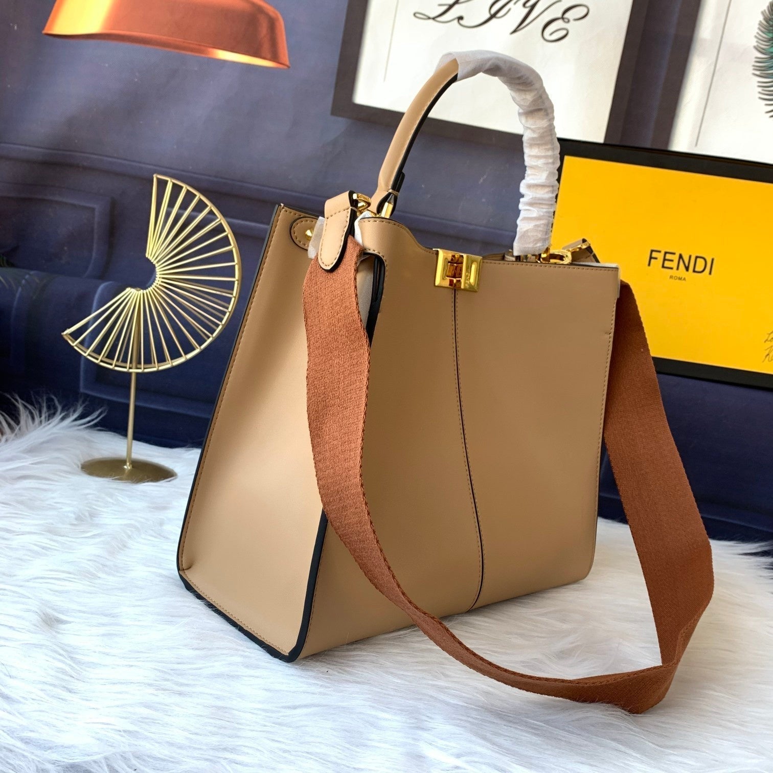 FENDI Peekaboo X-lite medium 30cm Bag light brown lambskin gold hardware