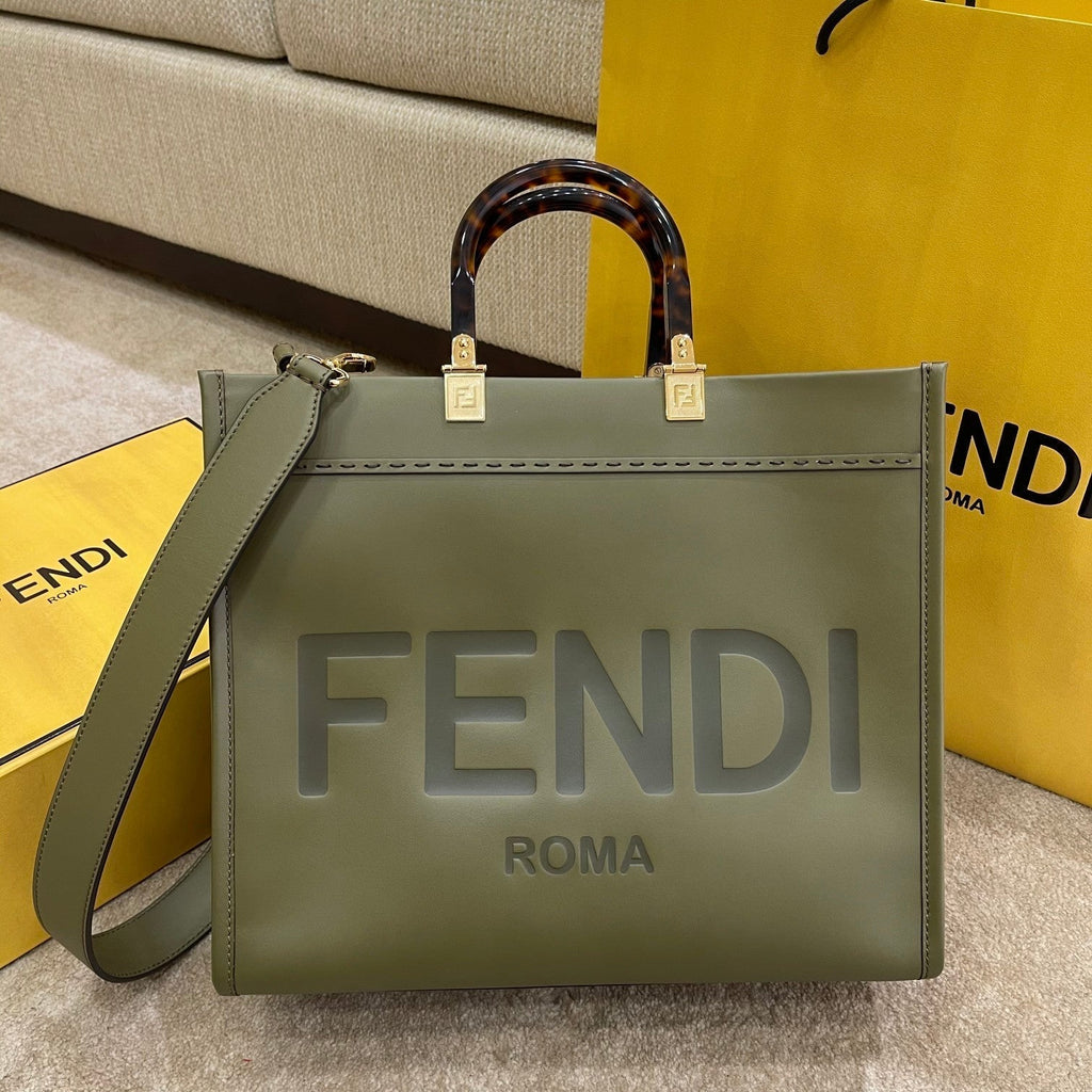 FENDI SHINE LARGE 35 TOTE IN OLIVE GREEN CALFSKIN
