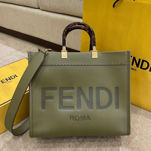 FENDI SHINE LARGE 35 TOTE IN OLIVE GREEN CALFSKIN