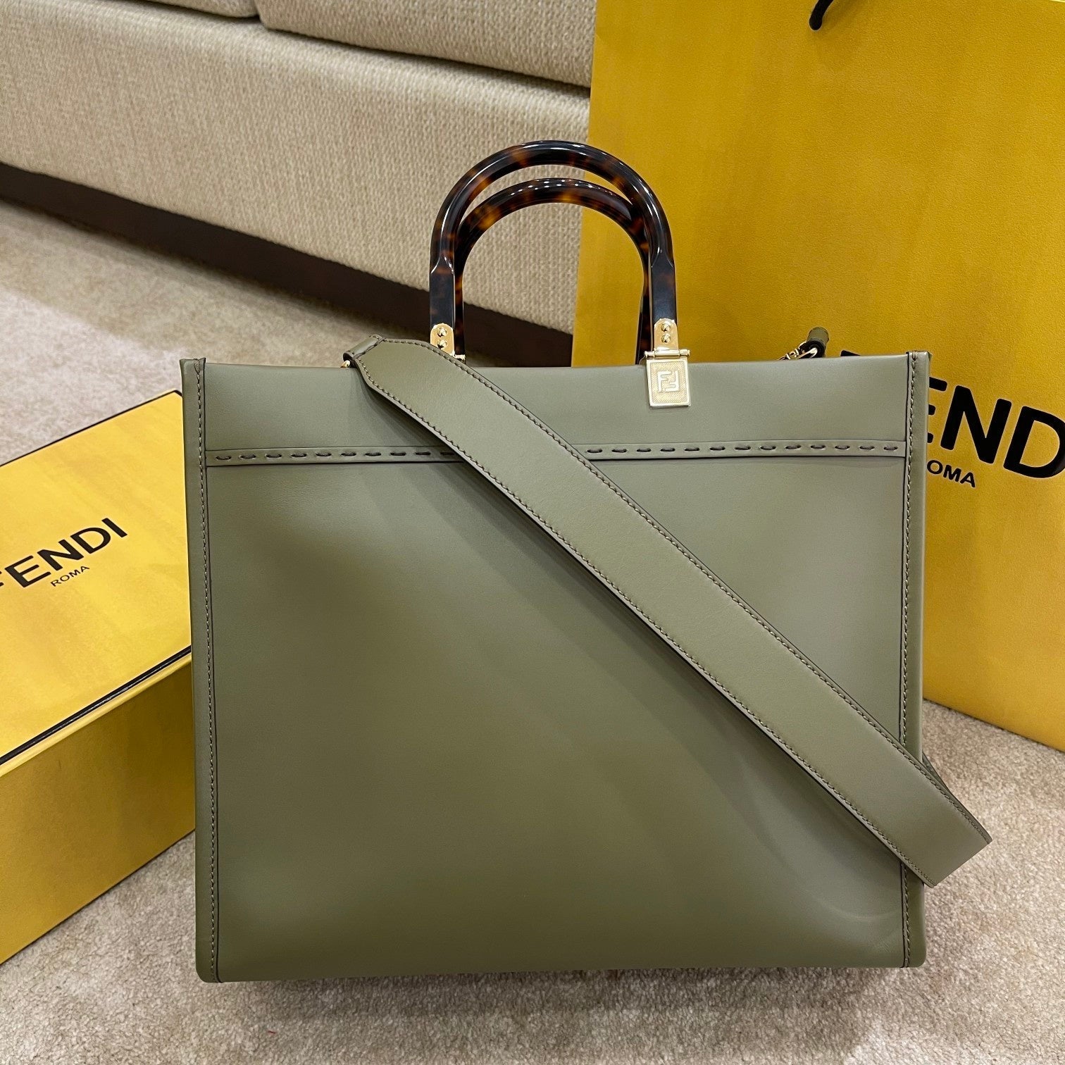 FENDI SHINE LARGE 35 TOTE IN OLIVE GREEN CALFSKIN
