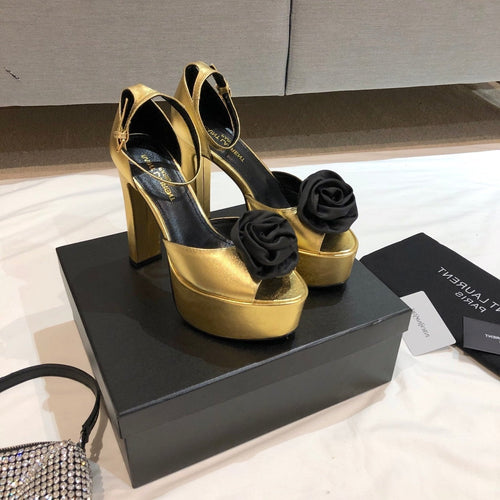 Saint Laurent SL IVY FLORAL 135 PLATFORM SANDAL GOLD CALFSKIN