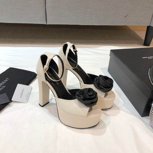 Saint Laurent SL IVY FLORAL 135 PLATFORM SANDAL CREAM CALFSKIN