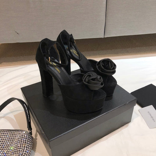 Saint Laurent SL IVY FLORAL 135 PLATFORM SANDAL BLACK SUEDE