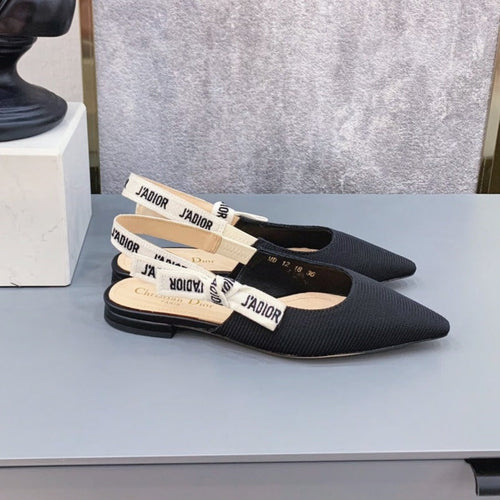 DIOR slingback flat black embroidery cotton ribbon