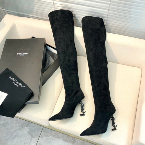 Saint Laurent OPYUM THIGH HIGH BOOTS IN BLACK VELVET