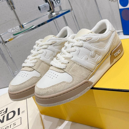 FENDI FENDI CASUAL SNEAKER IN WHITE CALFSKIN AND TAN BROWN SUEDE